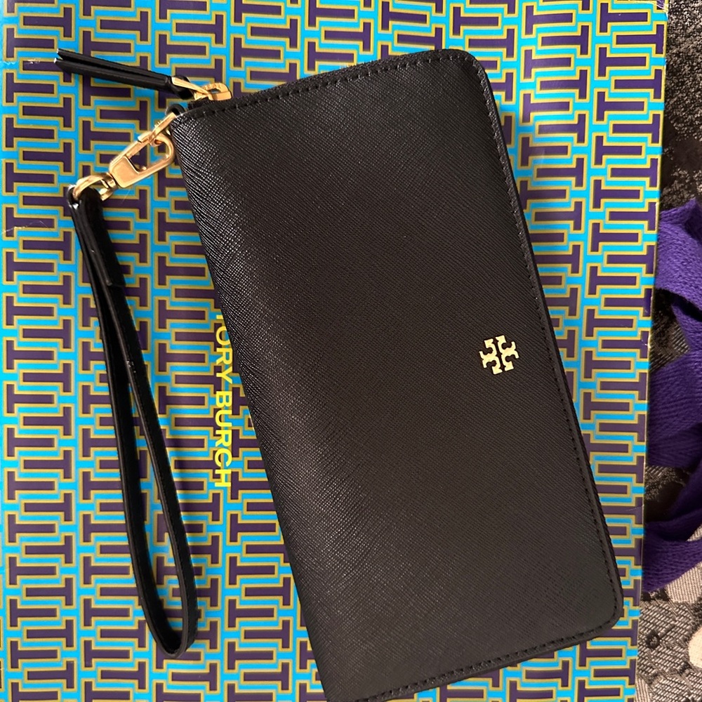 Tory Burch Black Wristlet with Gold Logo